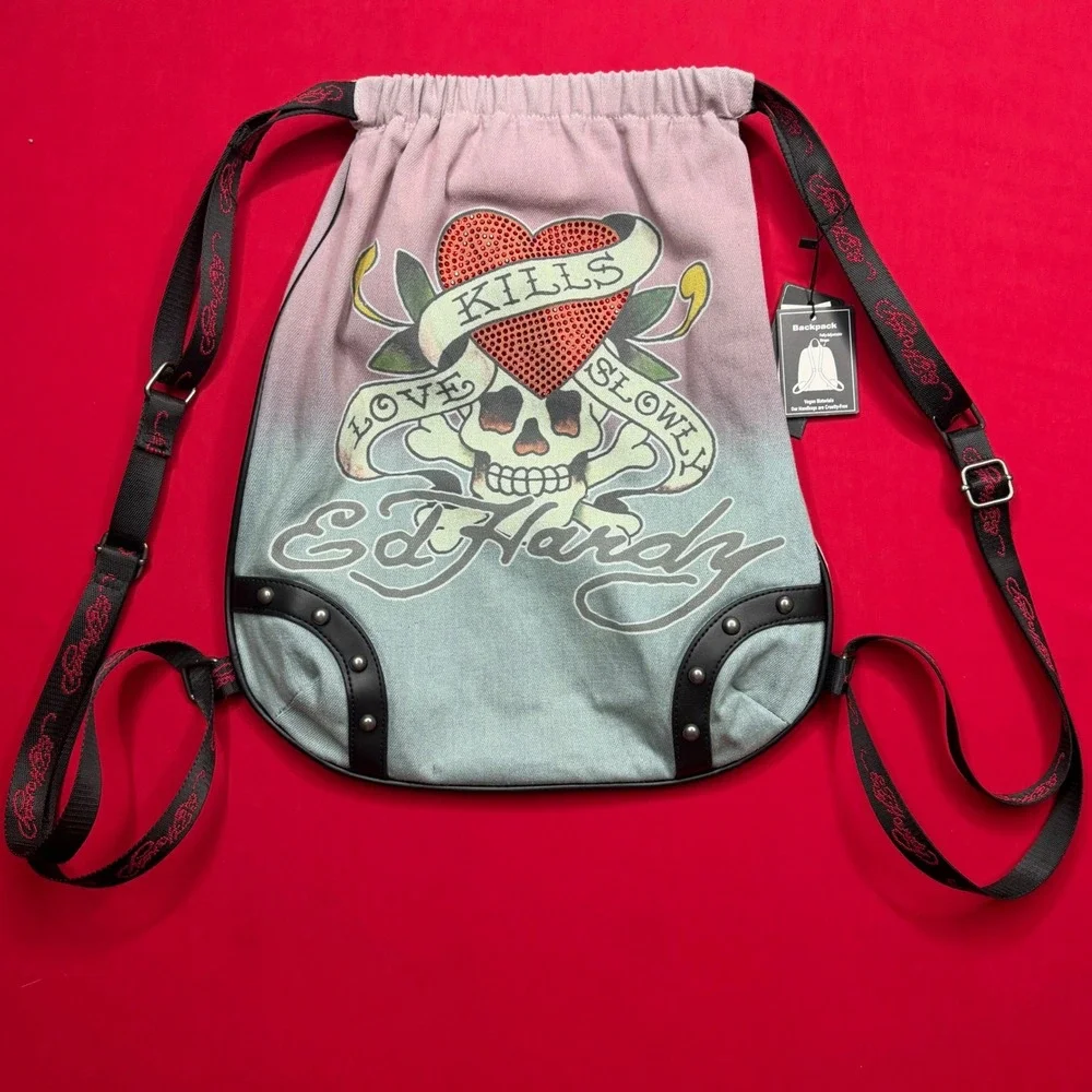 Ed Hardy Love Kills Slowly Ombre Drawstring Backpack Rhinestone Skull Pink Blue